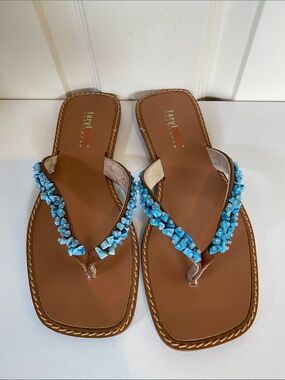 Farylrobin Turquoise Beaded Leather Slide Sandals